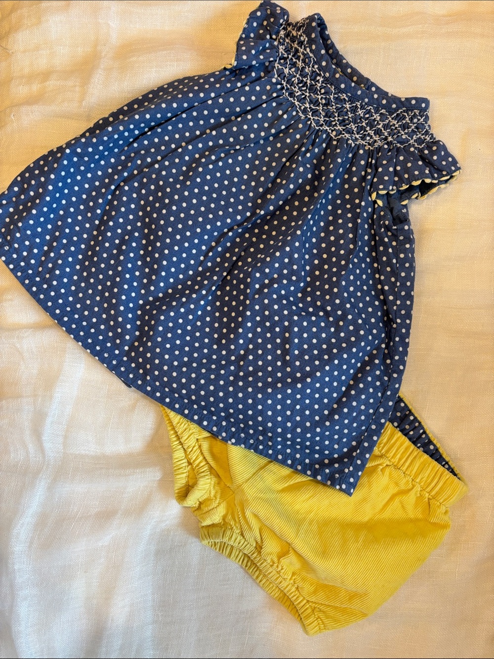 Baby Boden Navy Polka Dot Smocked Top with Yellow Bloomers